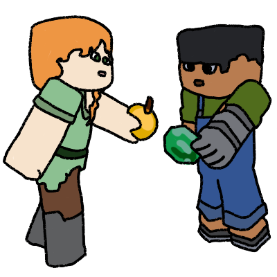  alex offers a golden apple to trade with sunny, who offers an emerald in return